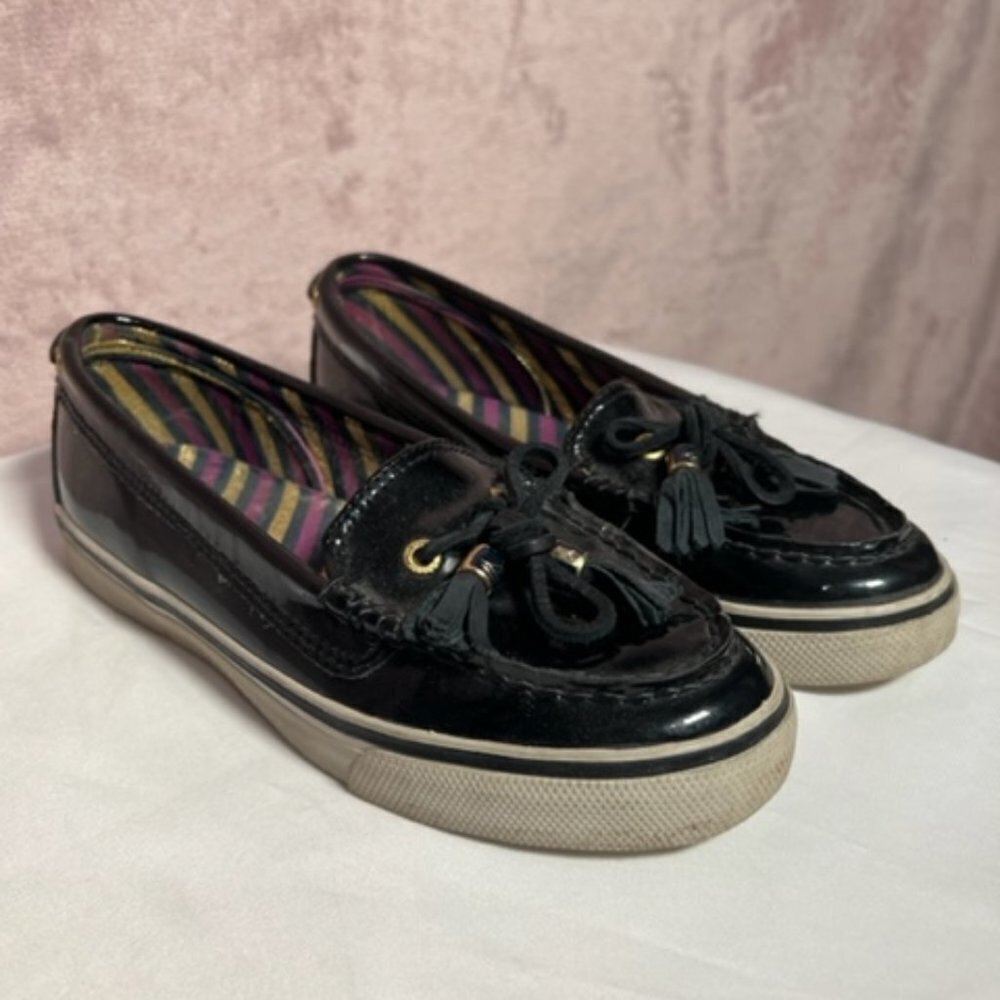 Sperry Womens Black Leather Slip On Tassled Loafer Preppy Boat Shoes Size 7
